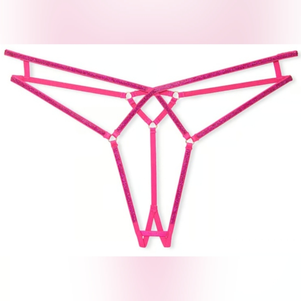 XS S M Victoria's Secret Shine Strap Strappy Crotchless Panty Hot Pink